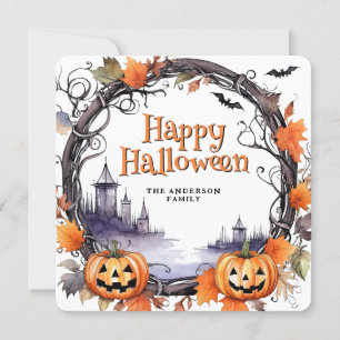 Cartão De Festividades Pumpkins Bats Watercolor Happy Halloween