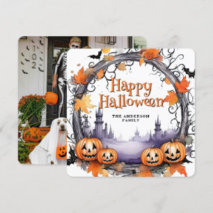 Cartão De Festividades Pumpkins Bats Watercolor Happy Halloween