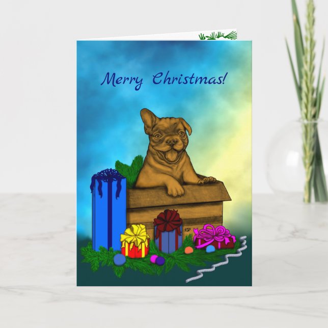 Cartão De Festividades Puppy em uma caixa, Merry Xmas (Frente)