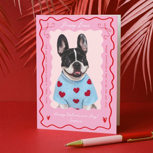 Cartão De Festividades Puppy Love Pink Red Retro Dog Pet Photo Valentines (Puppy Love Pink Red Retro Dog Pet Photo Valentines Holiday Card)