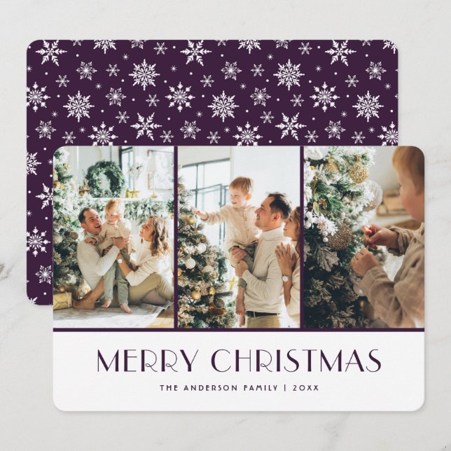 Cartão De Festividades Purple and White Snowflakes Photo Christmas Card (Frente/Verso)