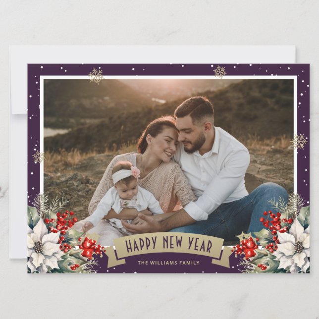 Cartão De Festividades Purple Botanical Snowflake Photo Happy New Year (Frente)