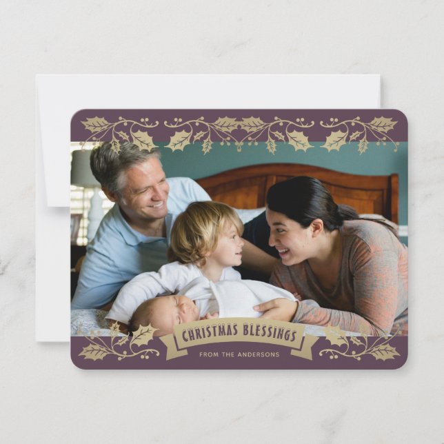 Cartão De Festividades Purple Christmas Blessings Holly Berries Photo (Frente)