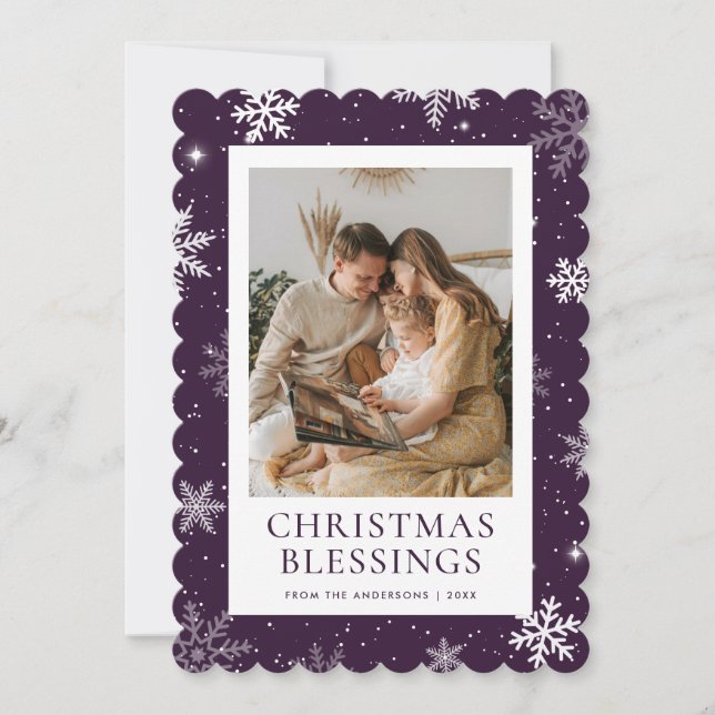 Cartão De Festividades Purple Christmas Blessings Snowflake Photo (Frente)