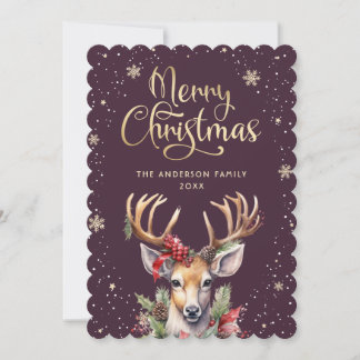 Cartão De Festividades Purple Gold Watercolor Reindeer Christmas Card