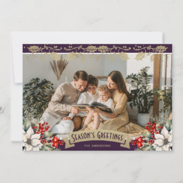 Cartão De Festividades Purple Photo Holly Snowflakes Season's Greetings