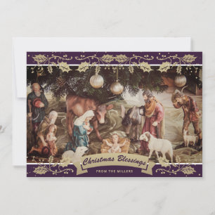 Cartão De Festividades Púrpura Holly Natividade Cena Cristã Natal