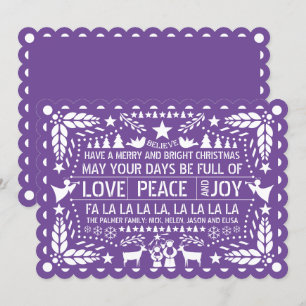 Cartão De Festividades Púrpura Paz Joy picado Natal