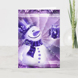 Cartão De Festividades Púrpura Snowman na cena de inverno