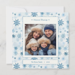 Cartão De Festividades Quadrado de Floco de Neve Azul Família de Foto em 