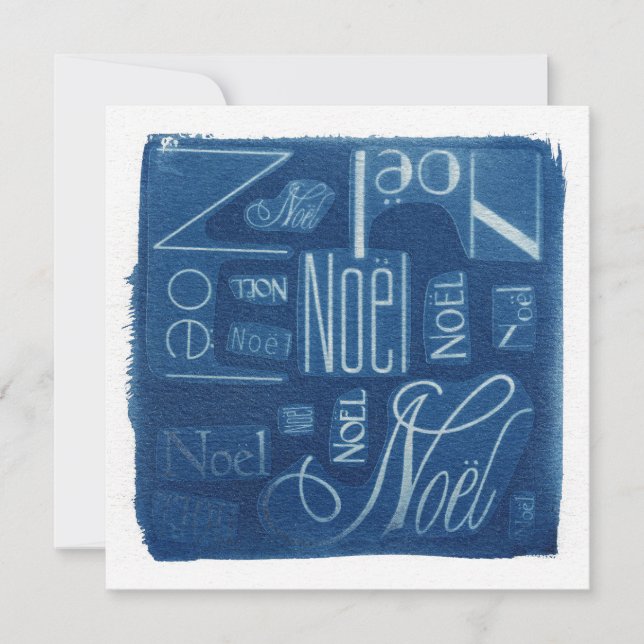 Cartão De Festividades Quadrado tipográfico de Noël Cyanotype (Frente)