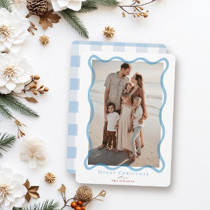 Cartão De Festividades Quadro de Foto de Natal com Moldura Ondulada Azul