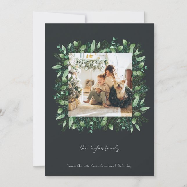 Cartão De Festividades Quadro de Fotografias da Folhagem de inverno Verde (Frente)