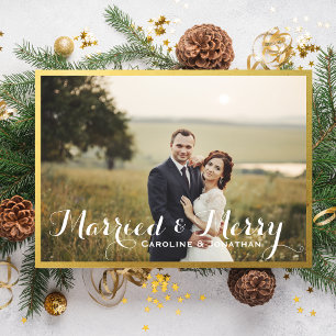 Cartão De Festividades Quadro Dourado de Foto de Feriado de Natal Casado 
