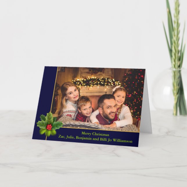 Cartão De Festividades Quadro Dourado e Azul de Natal com Foto Holly (Frente)