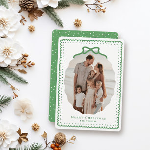 Cartão De Festividades Quadros de Doodle Verde e Foto de Natal com Laço