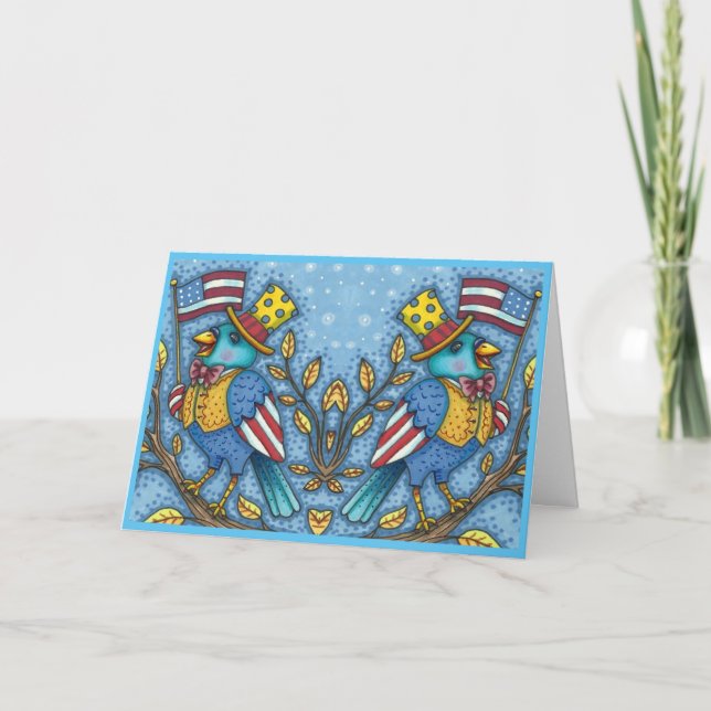 Cartão De Festividades QUARTO DE JULHO BLUEBIRD TWEET, AMERICANO FLAG Cut (Frente)