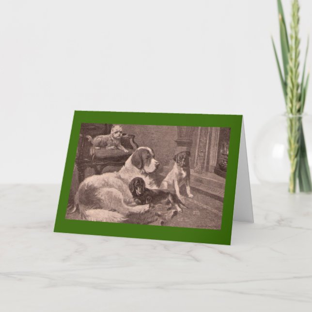 Cartão De Festividades Quatro cães pela lareira (Frente)
