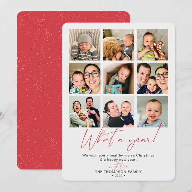 Cartão De Festividades Que Colagem de Fotos Vermelha de Ano (Frente/Verso)
