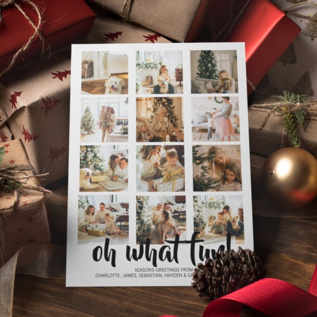 Cartão De Festividades Que Foto de Natal de Ano Personalizada (What a Year What Fun Photo Christmas Personalized Holiday Card by Ricaso. Add 12 photos and own text)