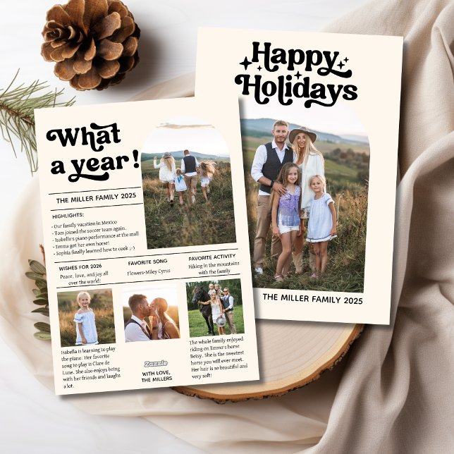 Cartão De Festividades Que Revisão da Colagem de Fotos da Família Moderna (What A Year Modern Family Photo Collage Review Holiday Card -Front & Back)