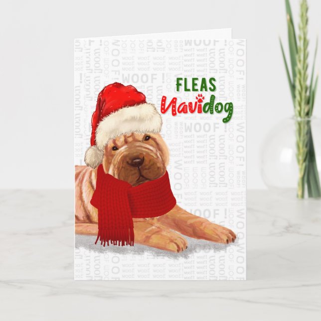 Cartão De Festividades Queijo Chinês de Natal - Shar Pei Fleas NaviDOG (Frente)