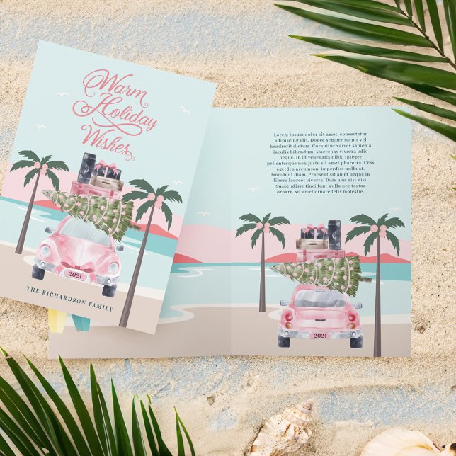 Cartão De Festividades Quente Desperta Palmeiras Tropicais e Carro Retro  (Warm Wishes Tropical Palm Trees & Pink Retro Car Holiday Card)