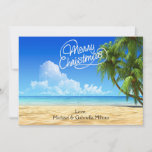 Cartão De Festividades Quente Sunny Beach Christmas Card<br><div class="desc">Desejos quentes de férias da praia. Em um roteiro branco diz: "Feliz Natal". Há um céu azul brilhante com palmeiras ao longo do lado saindo. O oceano com água azul de cristal está caindo ao longo da areia. Veja as muitas outras cenas de praia e produtos que temos em nossa...</div>