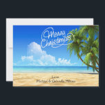 Cartão De Festividades Quente Sunny Beach Christmas Card<br><div class="desc">Desejos quentes de férias da praia. Em um roteiro branco diz: "Feliz Natal". Há um céu azul brilhante com palmeiras ao longo do lado saindo. O oceano com água azul de cristal está caindo ao longo da areia. Veja as muitas outras cenas de praia e produtos que temos em nossa...</div>