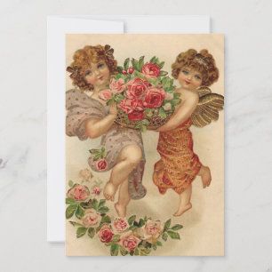 Cartão De Festividades Querubins de Valentines Antigos Segurando Flores
