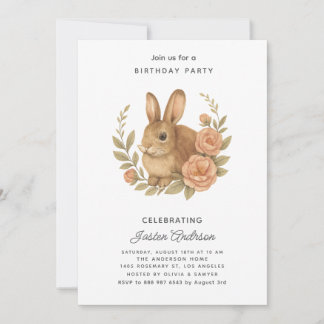 Cartão De Festividades Rabbit and Pink Flowers Birthday Party Invitation