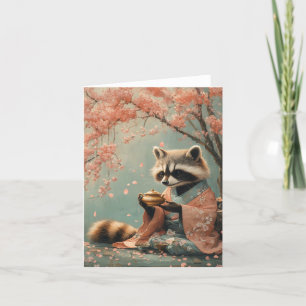 Cartão De Festividades Raccoon Buddha: Chá Pacífico Sob Árvore Cerejeira