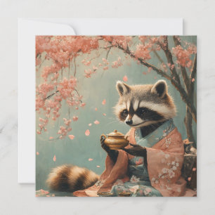 Cartão De Festividades Raccoon Buddha: Chá Pacífico Sob Árvore Cerejeira