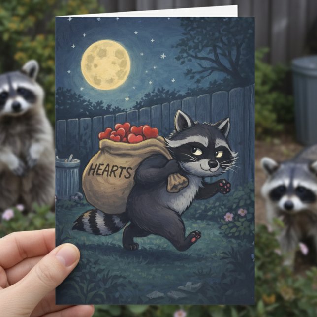 Cartão De Festividades Raccoon Stealing Hearts sweet valentines (Criador carregado)