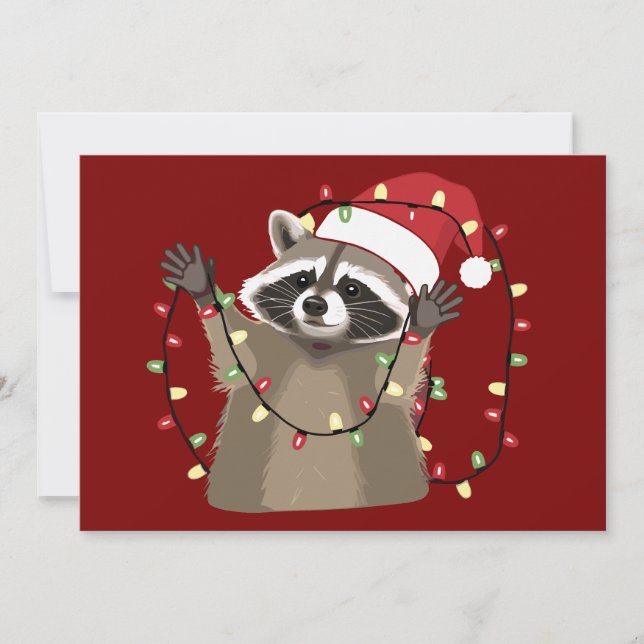 Cartão De Festividades Racoon Lover Christmas Lights Animal Santa Hat (Frente)