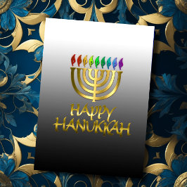 Cartão De Festividades Rainbow Dourado Menorah Flames Happy Hanukkah Card