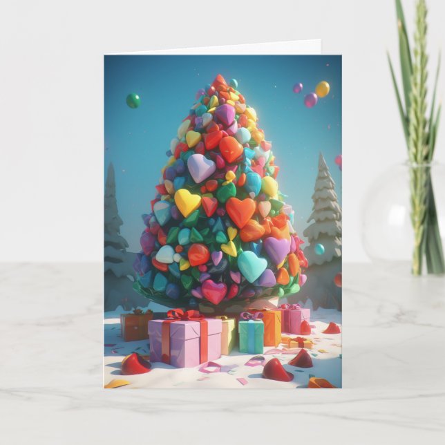 Cartão De Festividades Rainbow Hearts on the Christmas Tree Card (Frente)