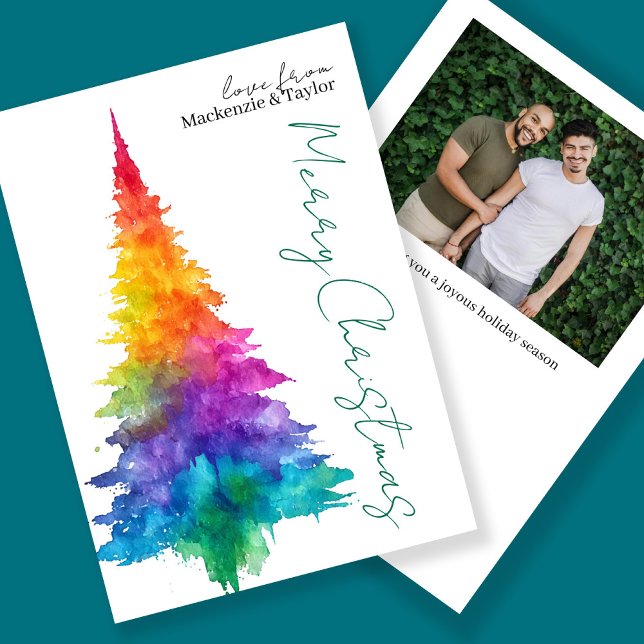 Cartão De Festividades Rainbow Modern Christmas Tree Photo Personalized (Rainbow Modern Christmas Tree Photo Personalized Holiday Card by Ricaso. LGBT Gay pride rainbow tree)