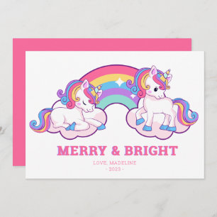 Cartão De Festividades Rainbow Unicorn Feliz e Bright Christmas