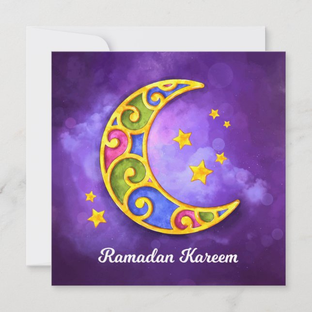 Cartão De Festividades Ramadan Kareem | Crescente Aquarela Colorida (Frente)