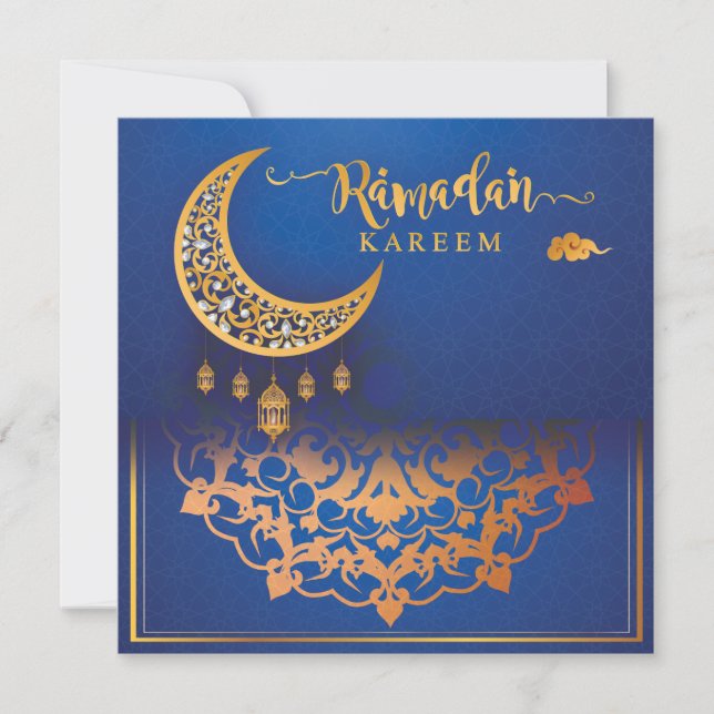 Cartão De Festividades Ramadan Kareem Mubarak - Azul e Ouro 5 personaliza (Frente)