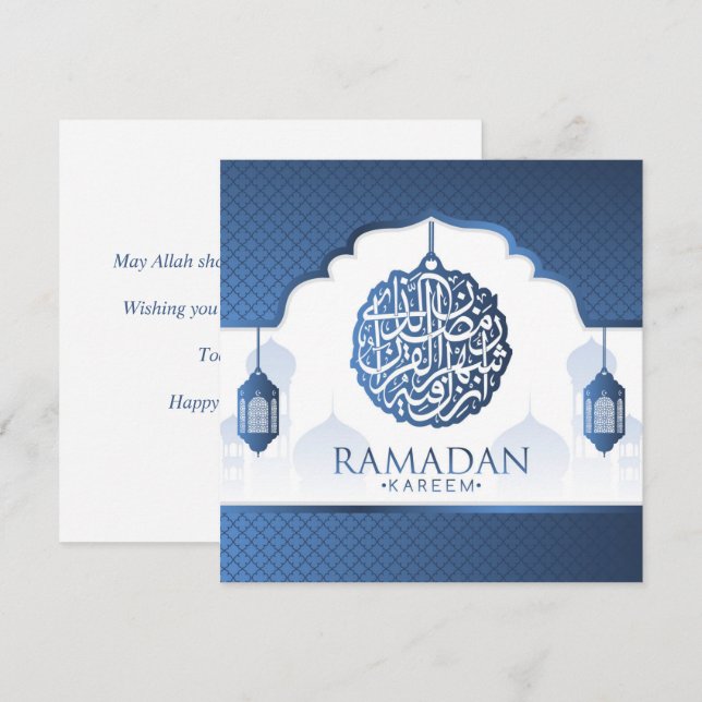 Cartão De Festividades Ramadan Kareem Mubarak Blue Calliografia (Frente/Verso)
