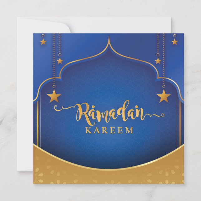Cartão De Festividades Ramadan Kareem Mubarak - Ouro e azul personalizado (Frente)