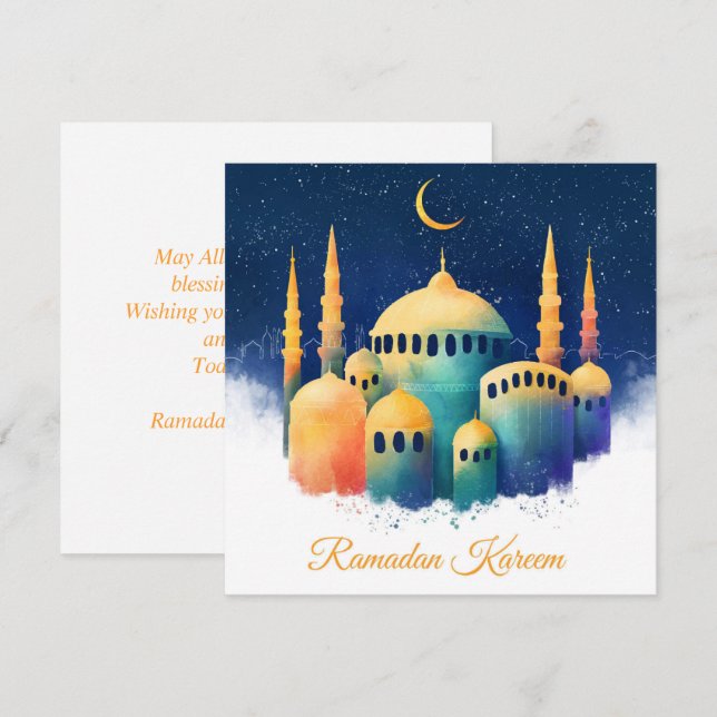 Cartão De Festividades Ramadan Kareem Mubarak Watercolor Cresent Mesquita (Frente/Verso)
