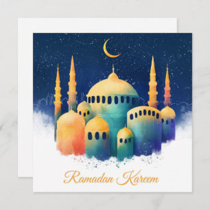 Cartão De Festividades Ramadan Kareem Mubarak Watercolor Cresent Mesquita