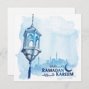 Cartão De Festividades Ramadan Kareem Mubarak Watercolor Mesquita Azul