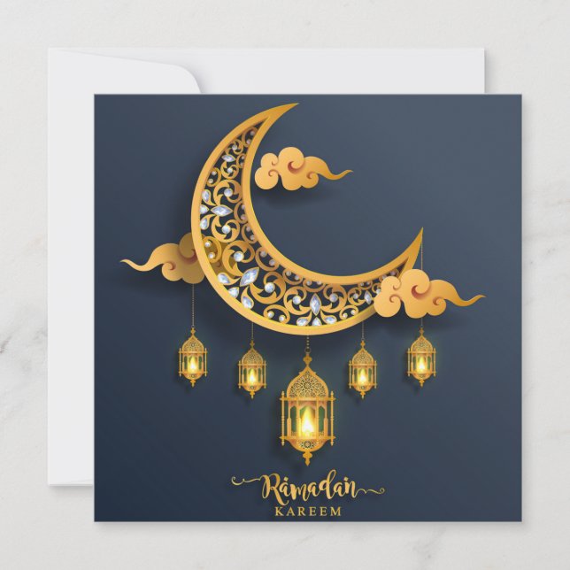 Cartão De Festividades Ramadan Mubarak Bejewel Crescent Lanterna Islâmica (Frente)