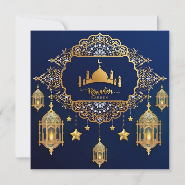 Cartão De Festividades Ramadan Mubarak Dourada Mesquita Islâmica Lanterna (Frente)