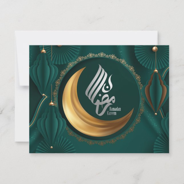Cartão De Festividades Ramadan Mubarak Dourado Crescente Árabe Caligrafia (Frente)