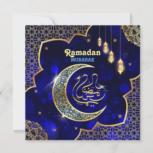 Cartão De Festividades Ramadão Mubarak Caligrafia Árabe Crescente Dourado (Frente)